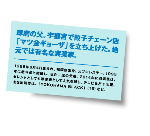 1966年8月4日生まれ、福岡県出身。元プロレスラー。1995年に北斗晶と結婚し、現在二児の父親。2014年に引退後は、タレントとしても恐妻家として人気を博し、テレビなどで活躍。主な出演作は、『YOKOHAMA BLACK』（16）など。