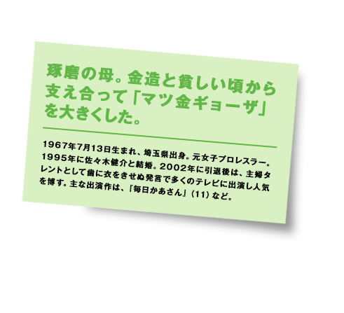 1967年7月13日生まれ、埼玉県出身。元女子プロレスラー。1995年に佐々木健介と結婚。2002年に引退後は、主婦タレントとして歯に衣をきせぬ発言で多くのテレビに出演し人気を博す。主な出演作は、『毎日かあさん』（11）など。