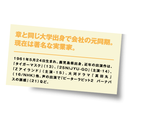 1961年5月24日生まれ、鹿児島県出身。近年の出演作は、『タイガーマスク』（13）、『25NIJYU-GO』（主演・14）、『Zアイランド』（主演・15）、大河ドラマ「真田丸」（16/NHK）他、声の出演で『ピーターラビット2 バーナバスの誘惑』（21）など。