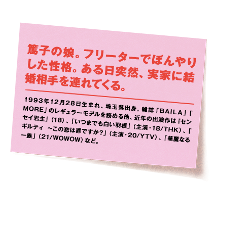 1993年12月28日生まれ、埼玉県出身。雑誌「BAILA」「MORE」のレギュラーモデルを務める他、近年の出演作は『センセイ君主』（18）、「いつまでも白い羽根」（主演・18/THK）、「ギルティ ～この恋は罪ですか？」（主演・20/YTV）、「華麗なる一族」（21/WOWOW）など。