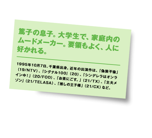 1995年10月7日、千葉県出身。近年の出演作は、「偽装不倫」（19/NTV）、『シグナル100』（20）、「シンデレラはオンライン中！」（20/FOD）、「お茶にごす。」（21/TX）、「主夫メゾン」（21/TELASA）、「推しの王子様」（21/CX）など。