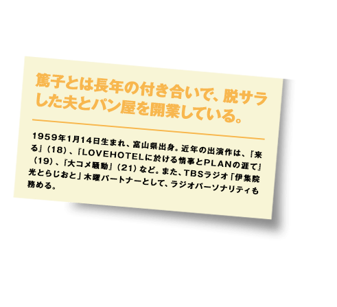 1959年1月14日生まれ、富山県出身。近年の出演作は、『来る』（18）、『LOVEHOTELに於ける情事とPLANの涯て』（19）、『大コメ騒動』（21）など。また、TBSラジオ「伊集院光とらじおと」木曜パートナーとして、ラジオパーソナリティも務める。