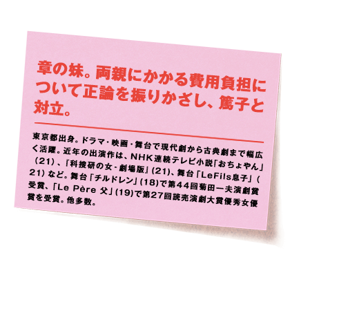 東京都出身。ドラマ・映画・舞台で現代劇から古典劇まで幅広く活躍。近年の出演作は、NHK連続テレビ小説｢おちょやん｣（21）、『科捜研の女‐劇場版』(21)、舞台「LeFils息子」（21）など。舞台「チルドレン」(18)で第44回菊田一夫演劇賞受賞、「Le Père 父」(19)で第27回読売演劇大賞優秀女優賞を受賞。他多数。